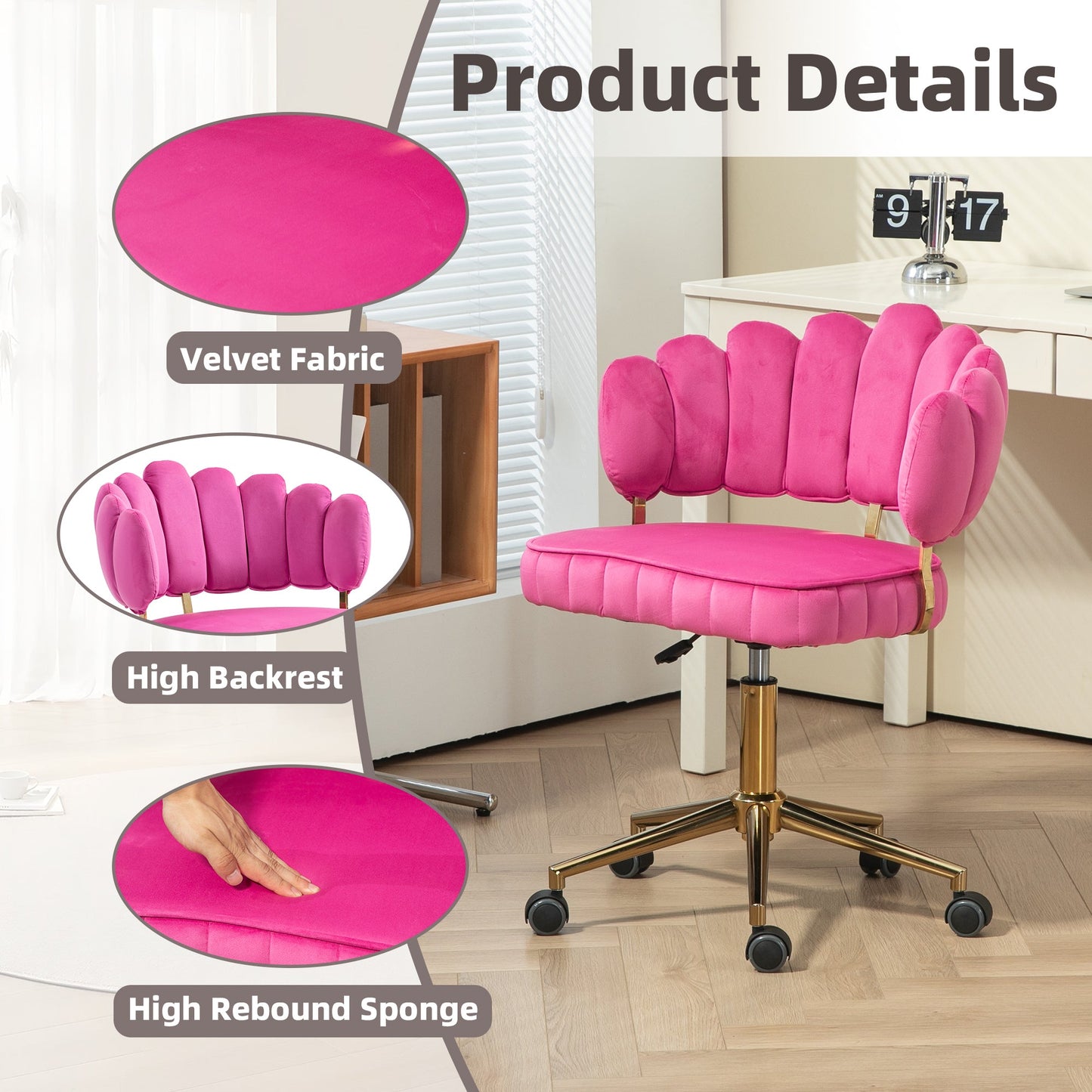 Velvet Home Office Desk Chair, Modern Cute Computer Chair, Wheels