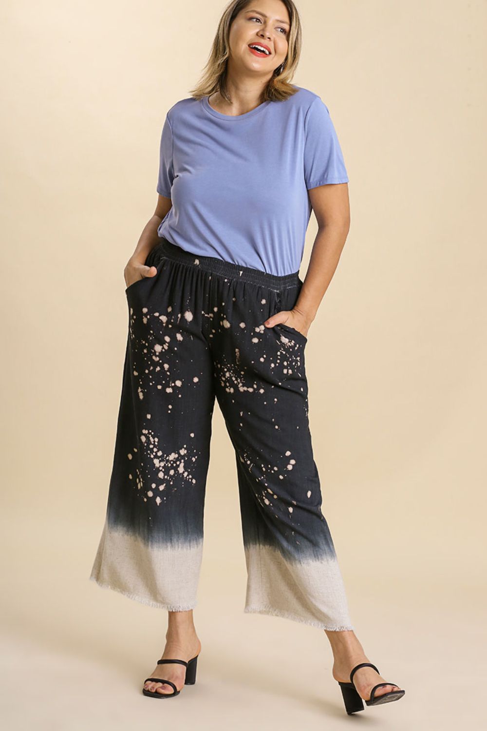 Umgee Full Size Raw Hem Linen Blend Bleach Dip Dye Wide Leg Pants Plus