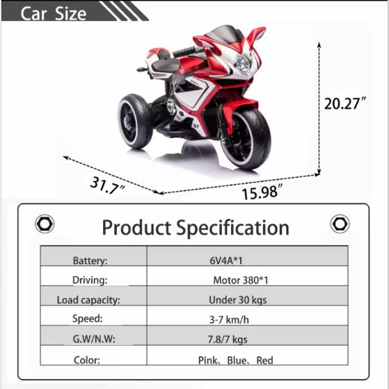 Electric Kids Motorcycle For 3 To 4 Year Old Boys And Girls With Foot