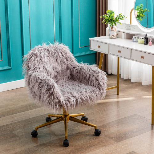 Modern Faux Fur Home Office Chair, Hairy Chair For Girls, Gilded Base