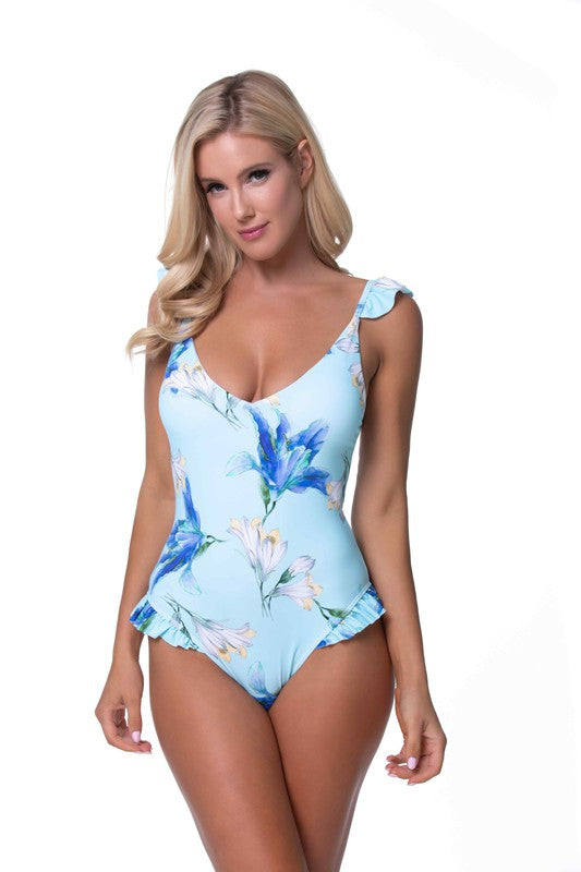 BLUE FLORAL RUFFLE TRIM ONE PIECE SWIMWEAR