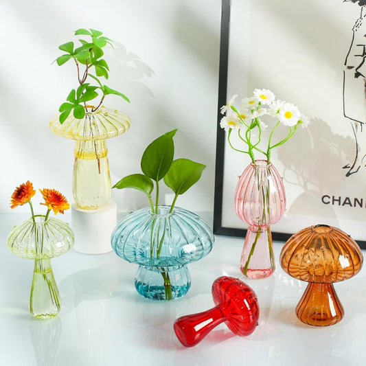 Nordic Style Glass Mushroom Vase Colorful Indoor Home Decoration for Plants and Flowers