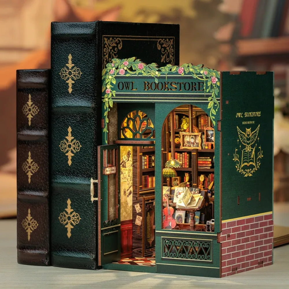 DIY Book Nook Kit Miniature Dollhouse with Light Wooden Bookshelf