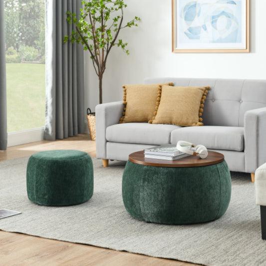 Round Storage Ottoman 2 in 1 End Table and Ottoman with Small Seat