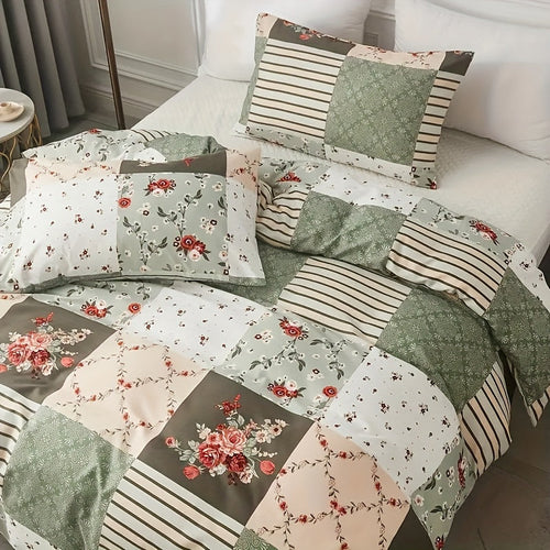 Cozy Pastoral Floral Plaid Duvet Cover Set