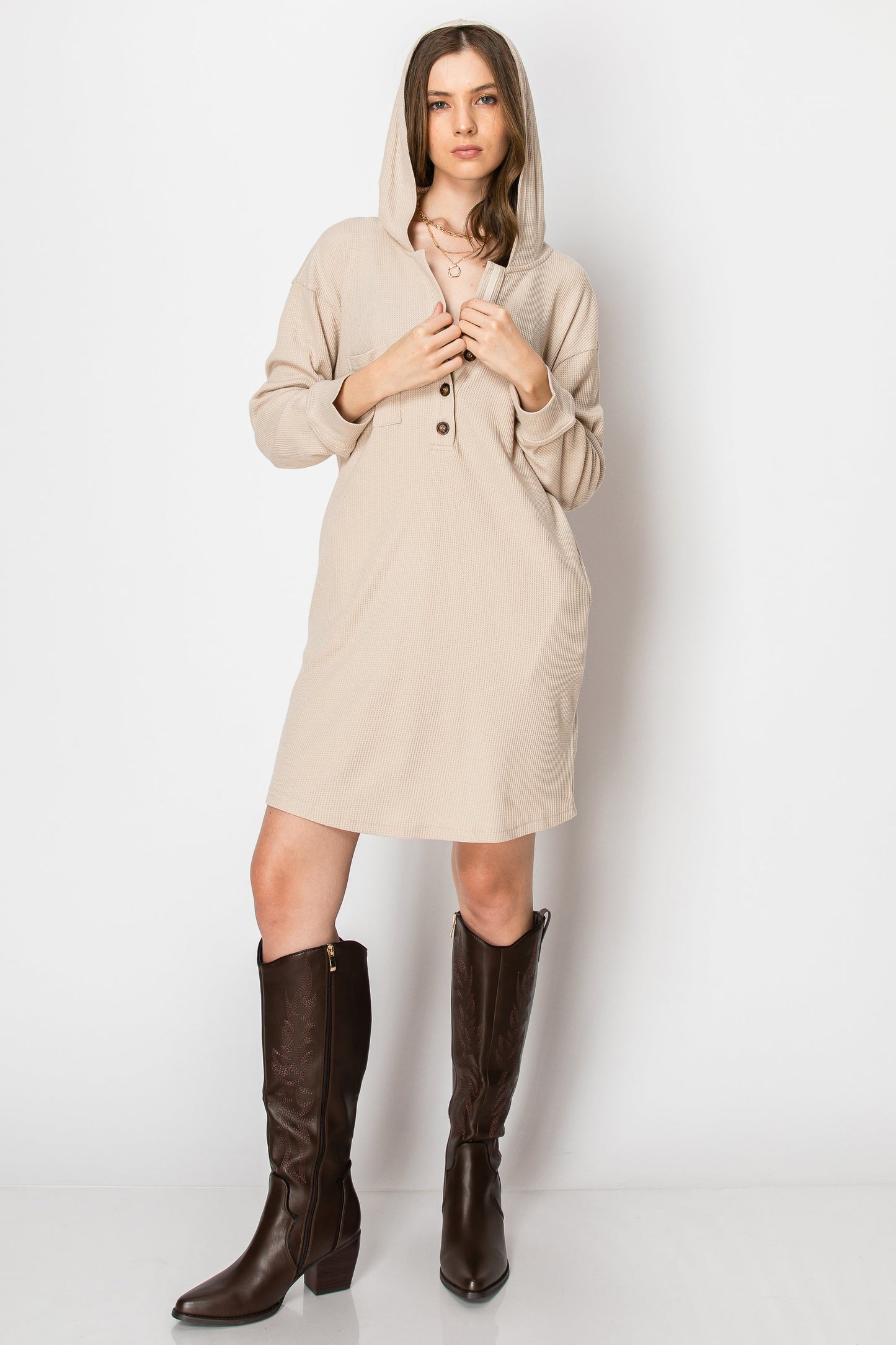 WAFFLE KNIT LONG SLEEVE BUTTON DOWN HOODIE SHIRT DRESS WITH POCKETS