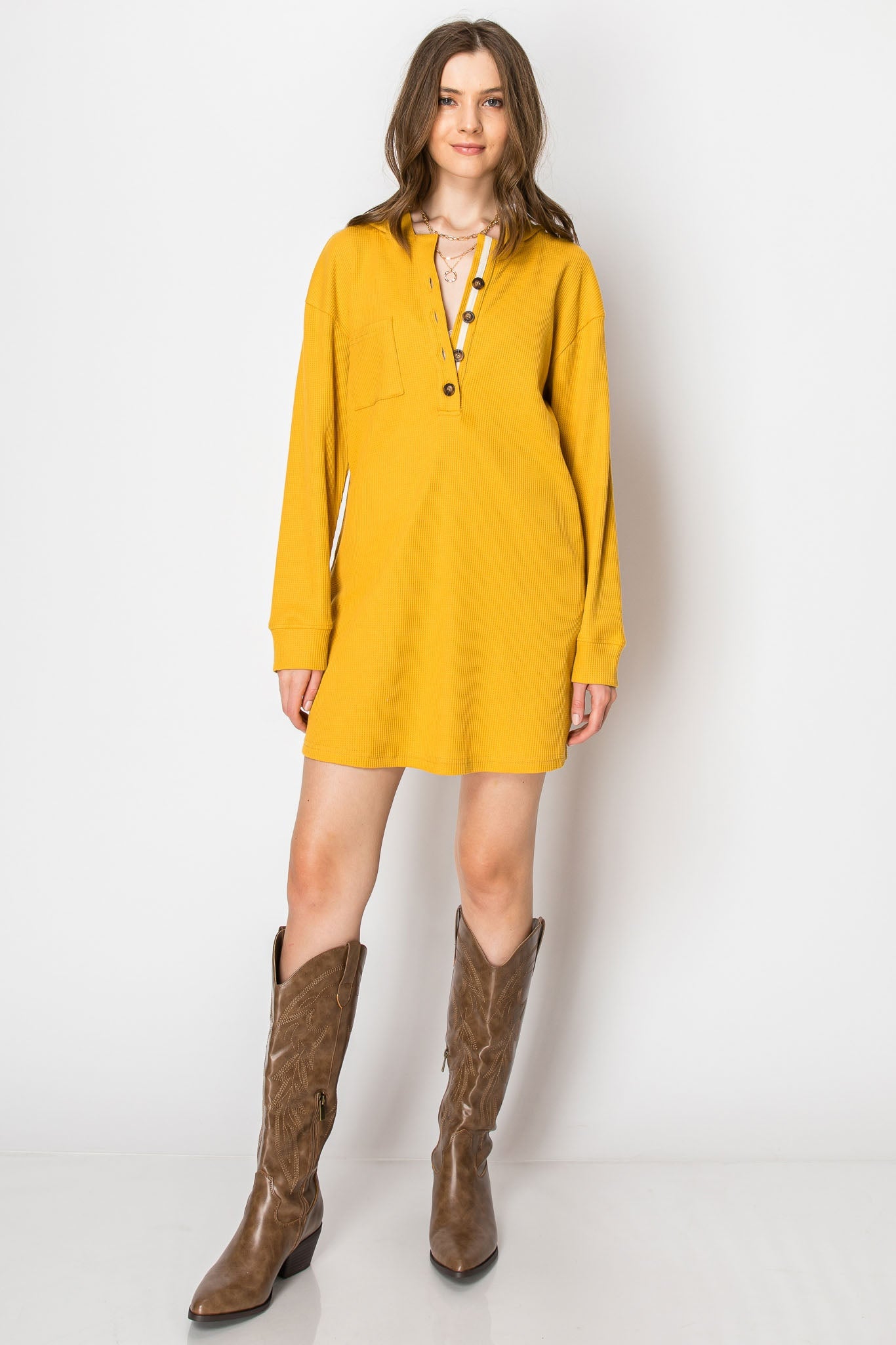 WAFFLE KNIT LONG SLEEVE BUTTON DOWN HOODIE SHIRT DRESS WITH POCKETS