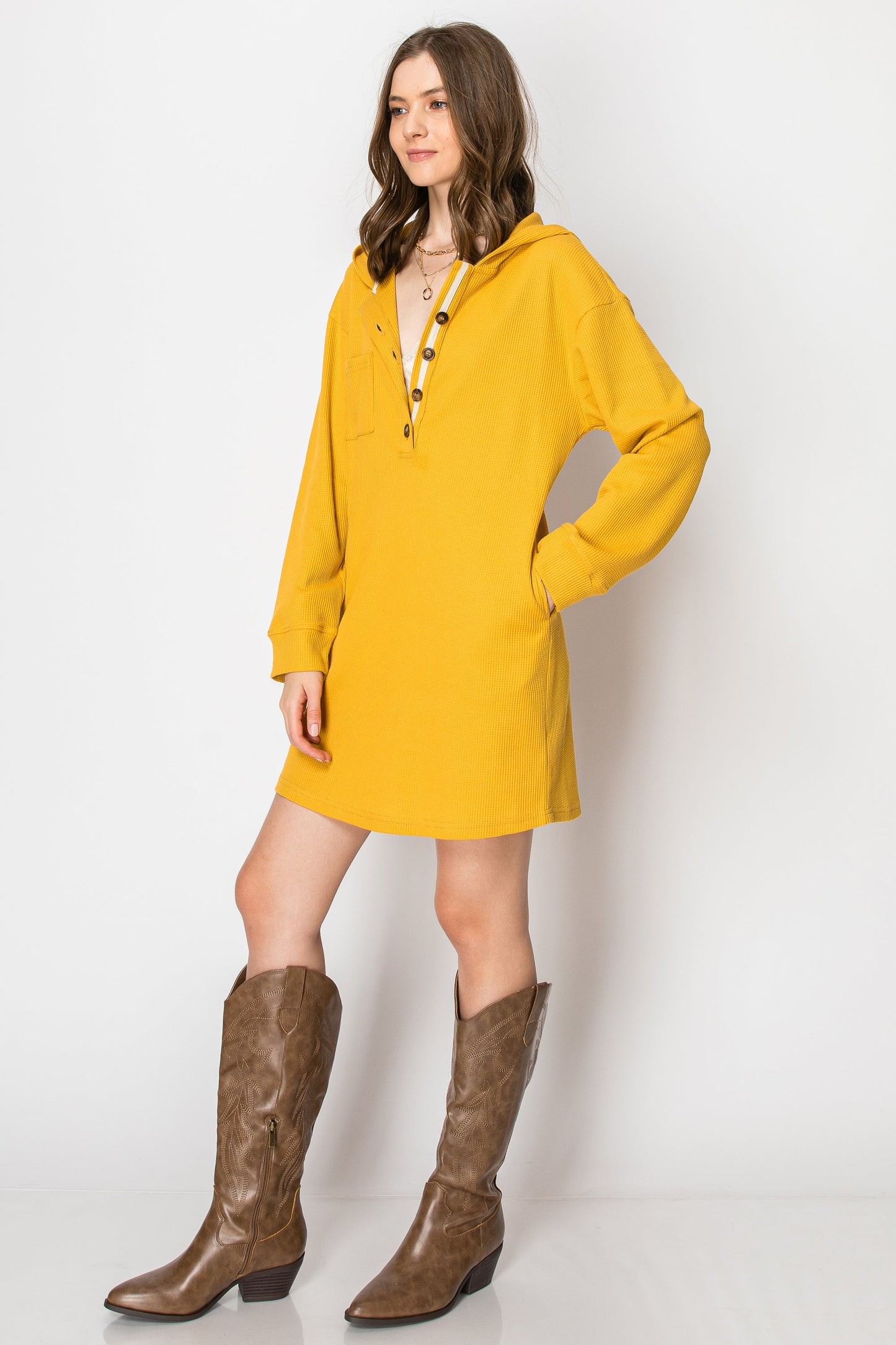 WAFFLE KNIT LONG SLEEVE BUTTON DOWN HOODIE SHIRT DRESS WITH POCKETS