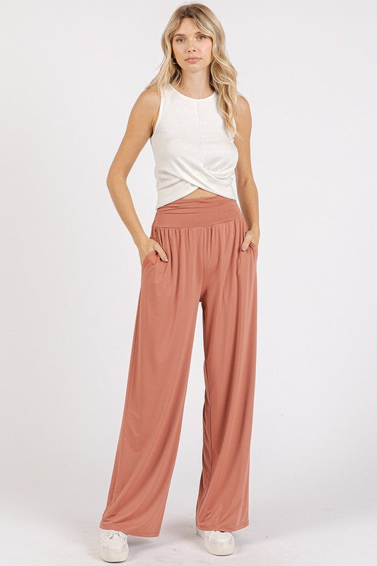 Mittoshop Stretch Banded Waist Wide Leg Pants with Pockets