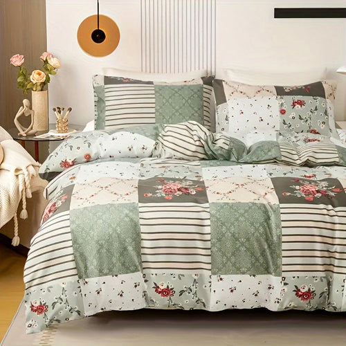 Cozy Pastoral Floral Plaid Duvet Cover Set