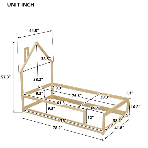 Twin Size Wood Bed With House-shaped Headboard Floor Bed With