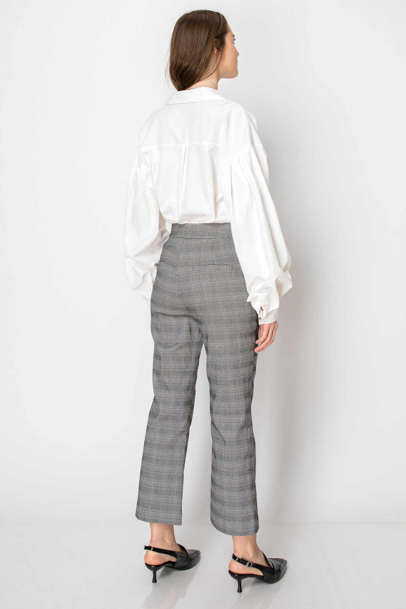 PLAID HIGH WAISTED ANKLE LENGTH FLARE OFFICE PANTS WITH POCKETS