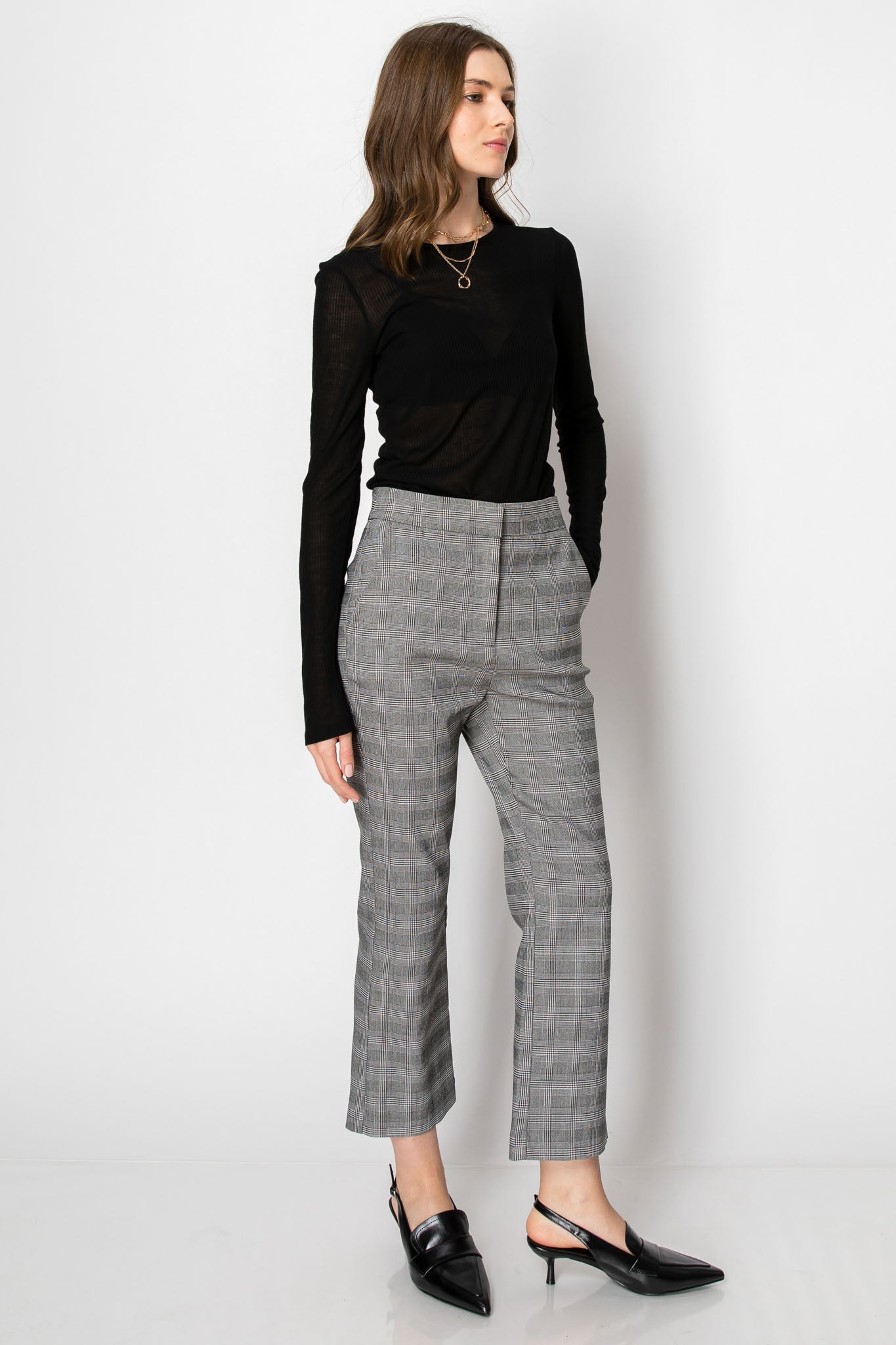 PLAID HIGH WAISTED ANKLE LENGTH FLARE OFFICE PANTS WITH POCKETS