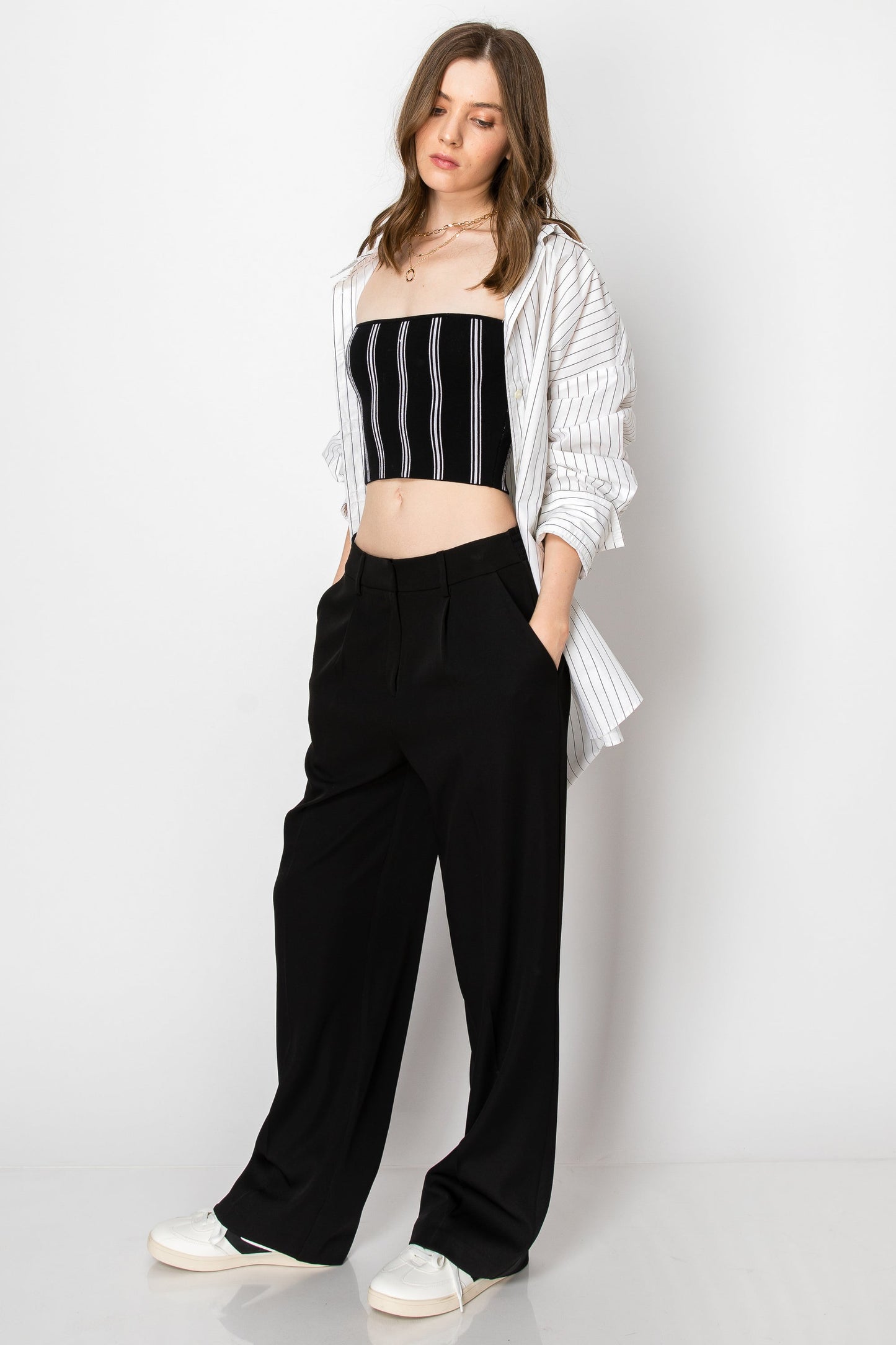 WIDE LEG BUSINESS CASUAL OFFICE TROUSERS WITH SMOCKING BACK WAIST