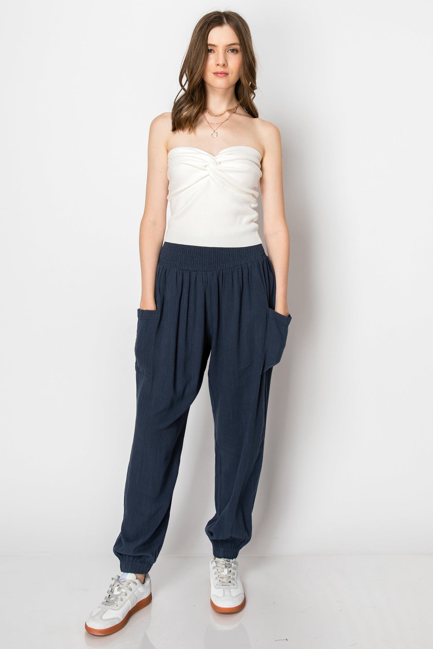 SMOCKING WAIST SLOUCHY LINEN PANTS