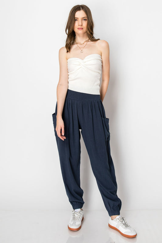 SMOCKING WAIST SLOUCHY LINEN PANTS