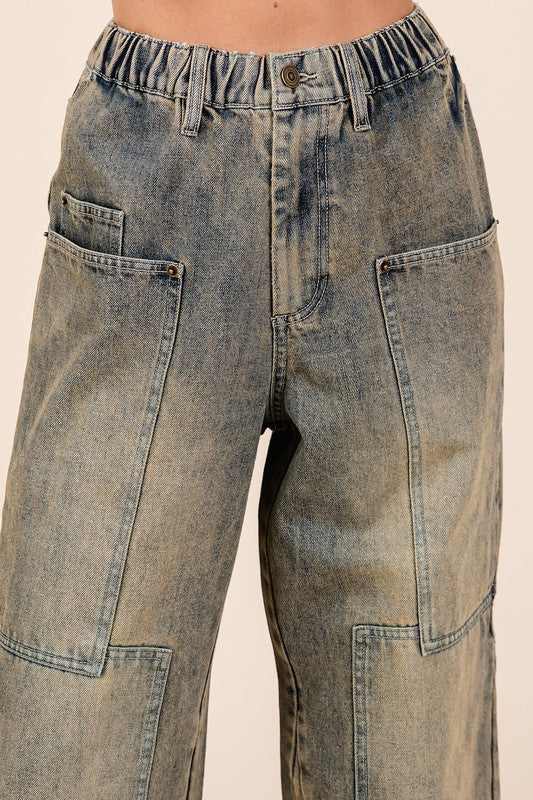 Mittoshop Washed Wide Leg Jeans with Pockets