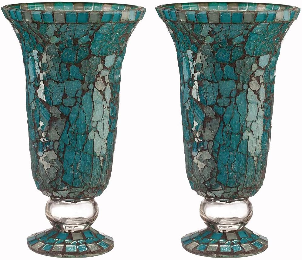 Blue Moon Glass Hurricane Candle Holder - Elegant Mosaic Table