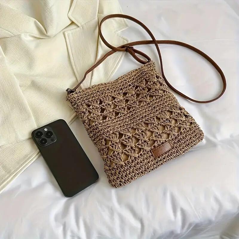 Mini Solid Crochet Crossbody Bag With Adjustable Shoulder Strap