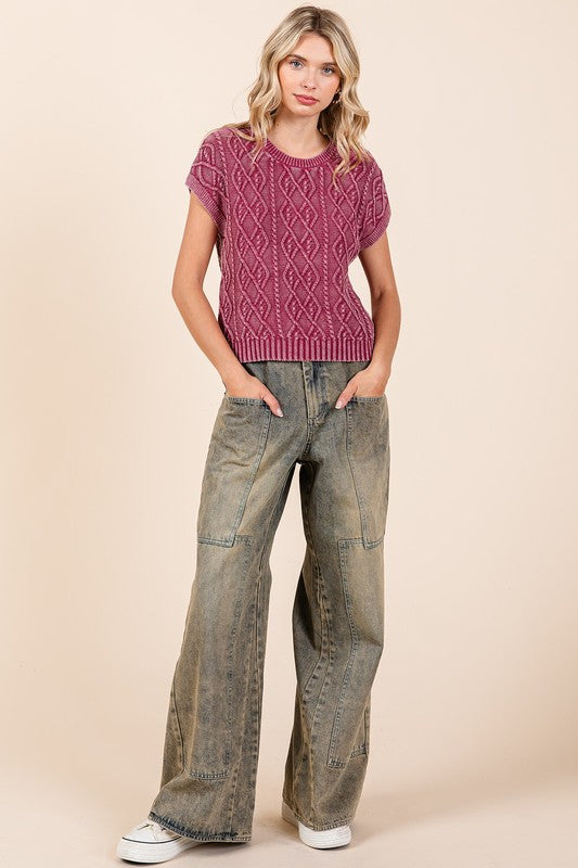 Mittoshop Washed Wide Leg Jeans with Pockets