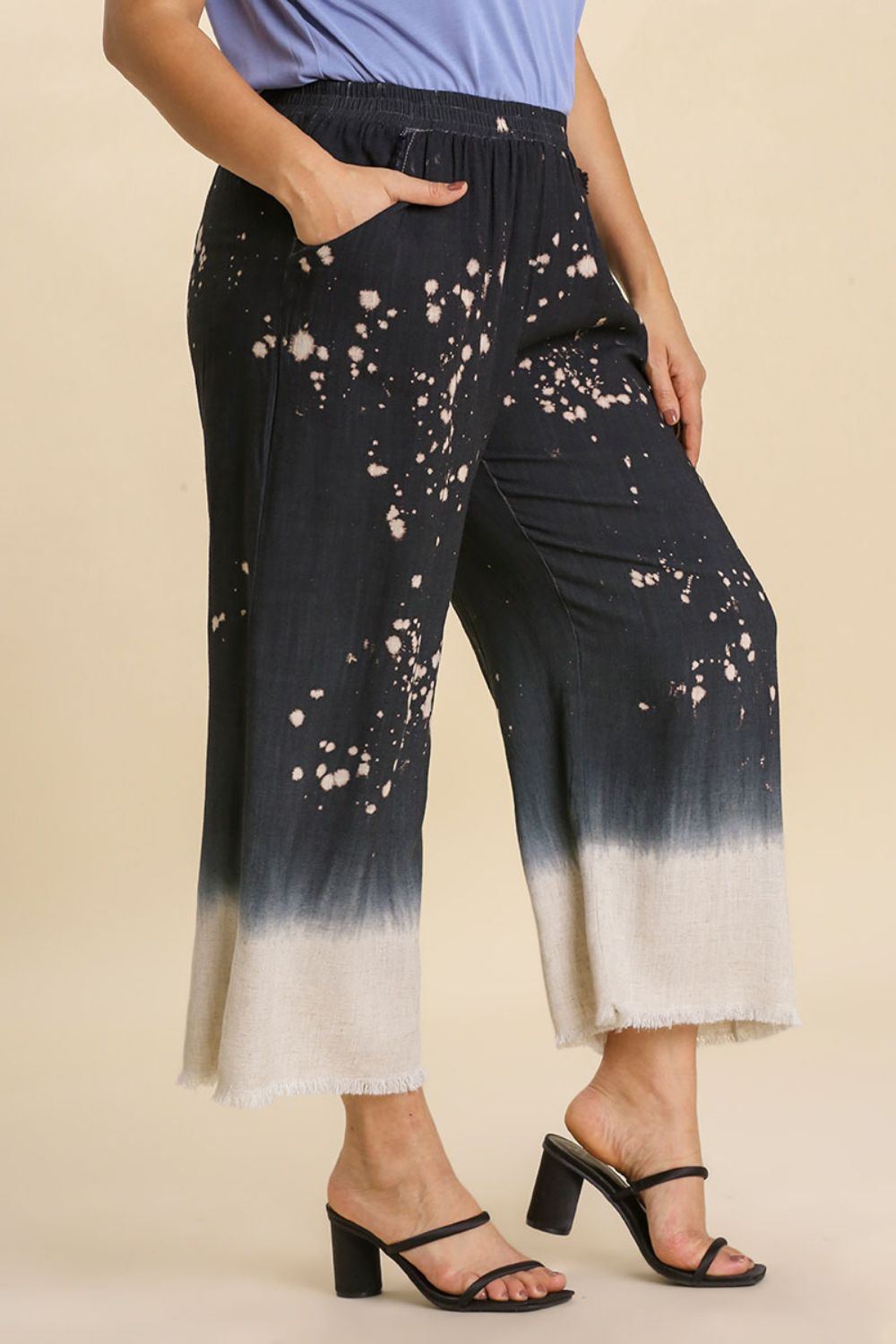 Umgee Full Size Raw Hem Linen Blend Bleach Dip Dye Wide Leg Pants Plus