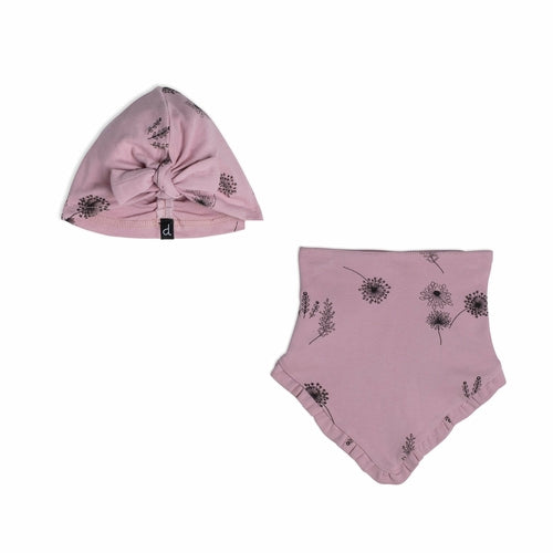 Organic Cotton Hat And Bib Set Printed Flowers Dusty Purple