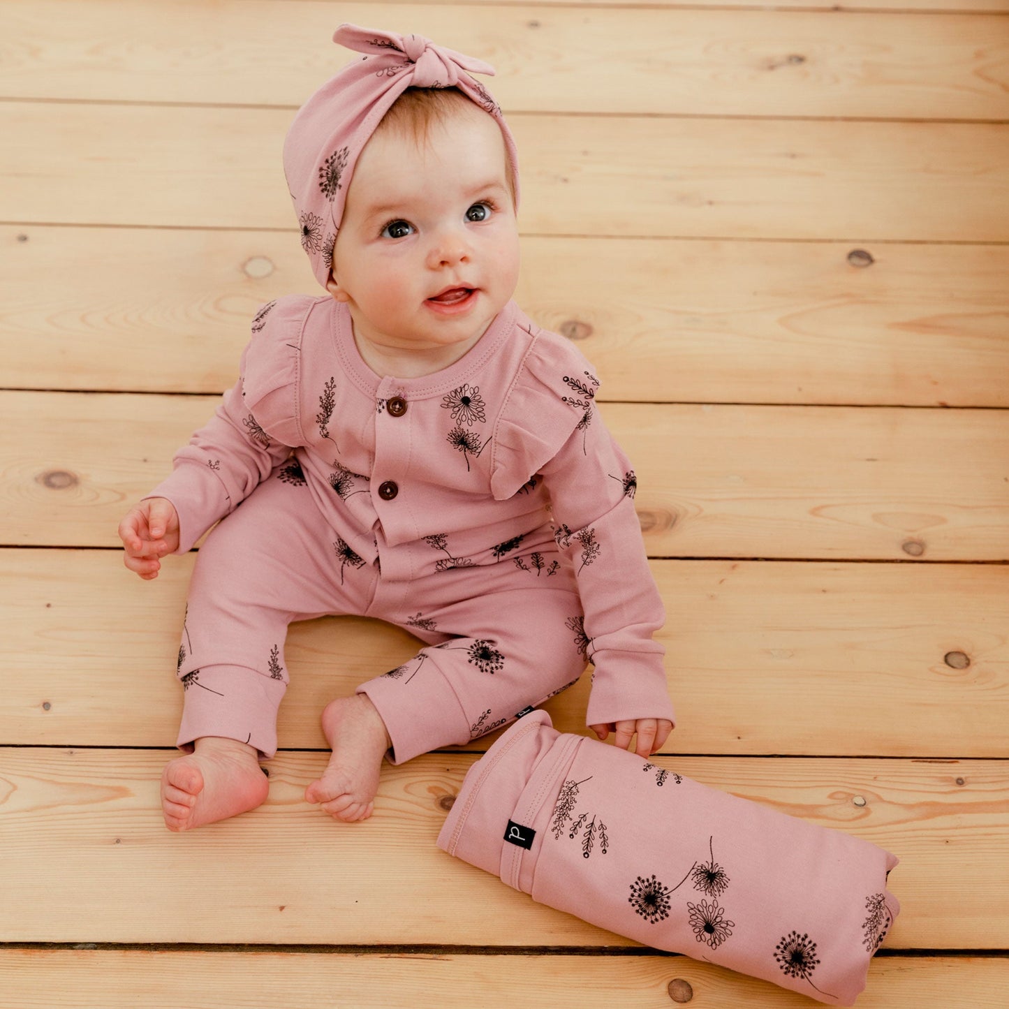 Organic Cotton Hat And Bib Set Printed Flowers Dusty Purple