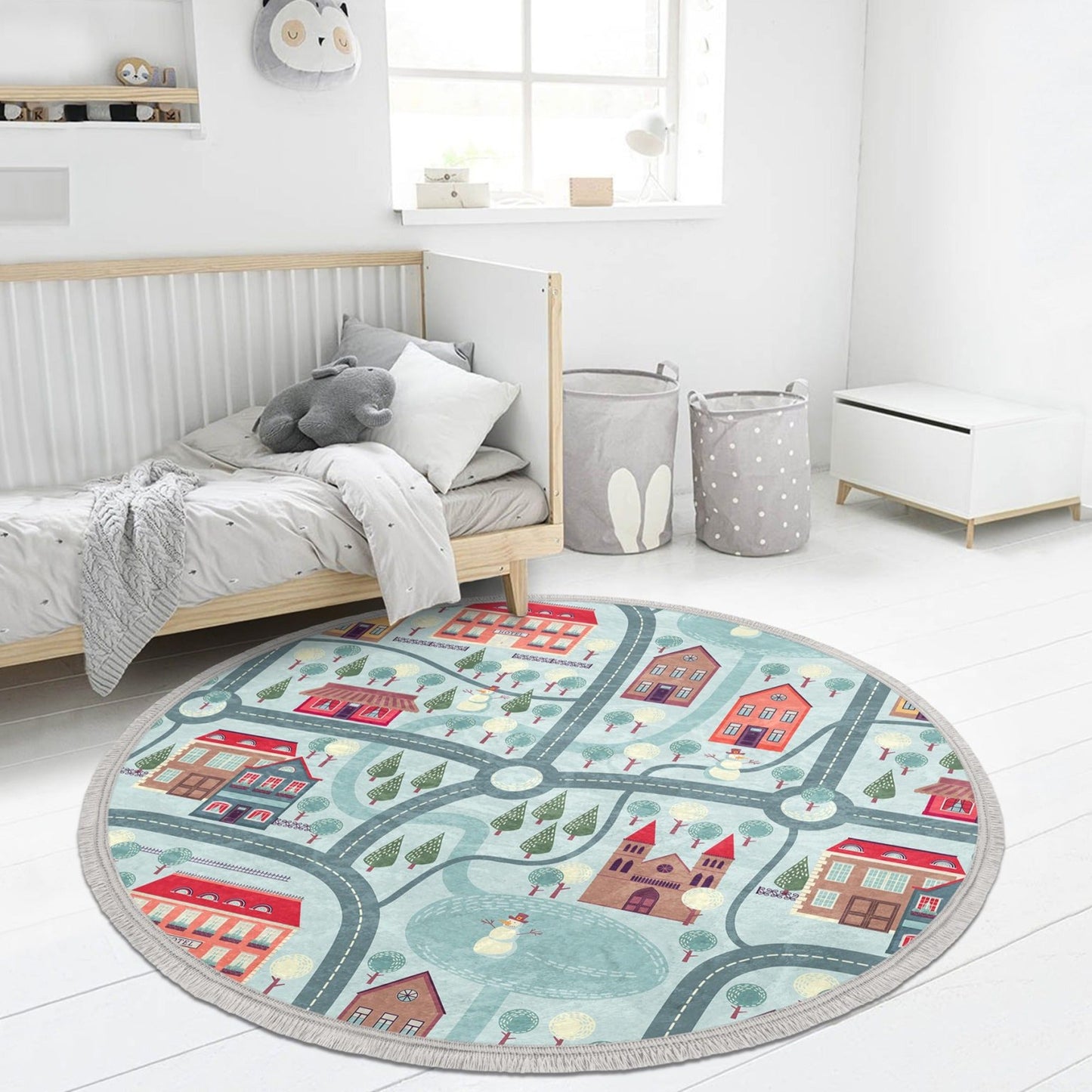 City Map Kids Room Decorative Circle Area Rug, Nursery Room Rug, Baby