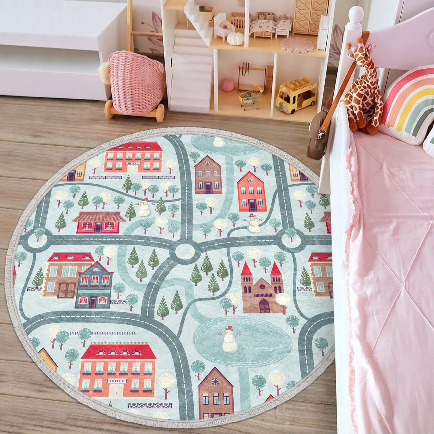 City Map Kids Room Decorative Circle Area Rug, Nursery Room Rug, Baby