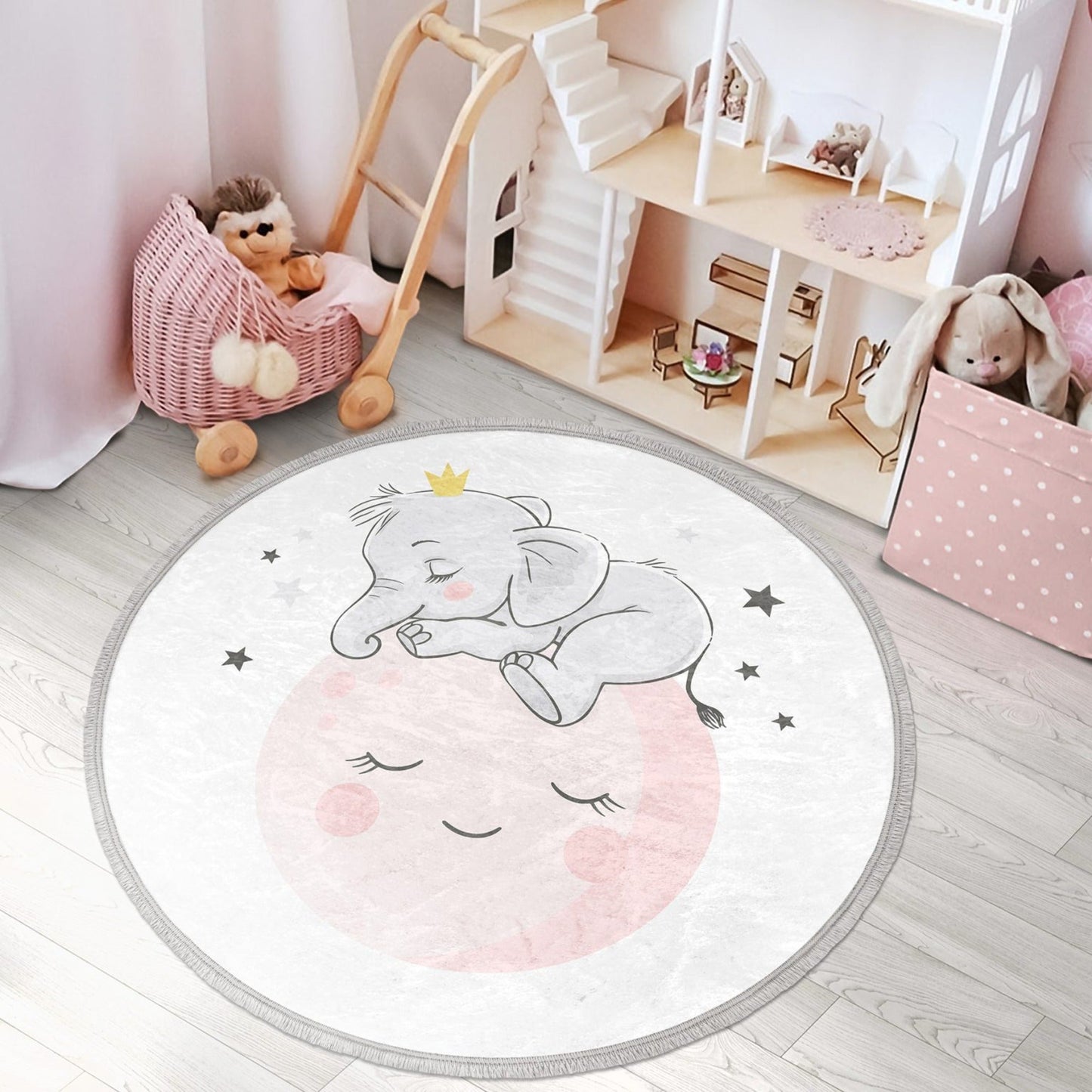 Baby Elephant With Moon Printed Kids Room Round Rug, Elephant Print