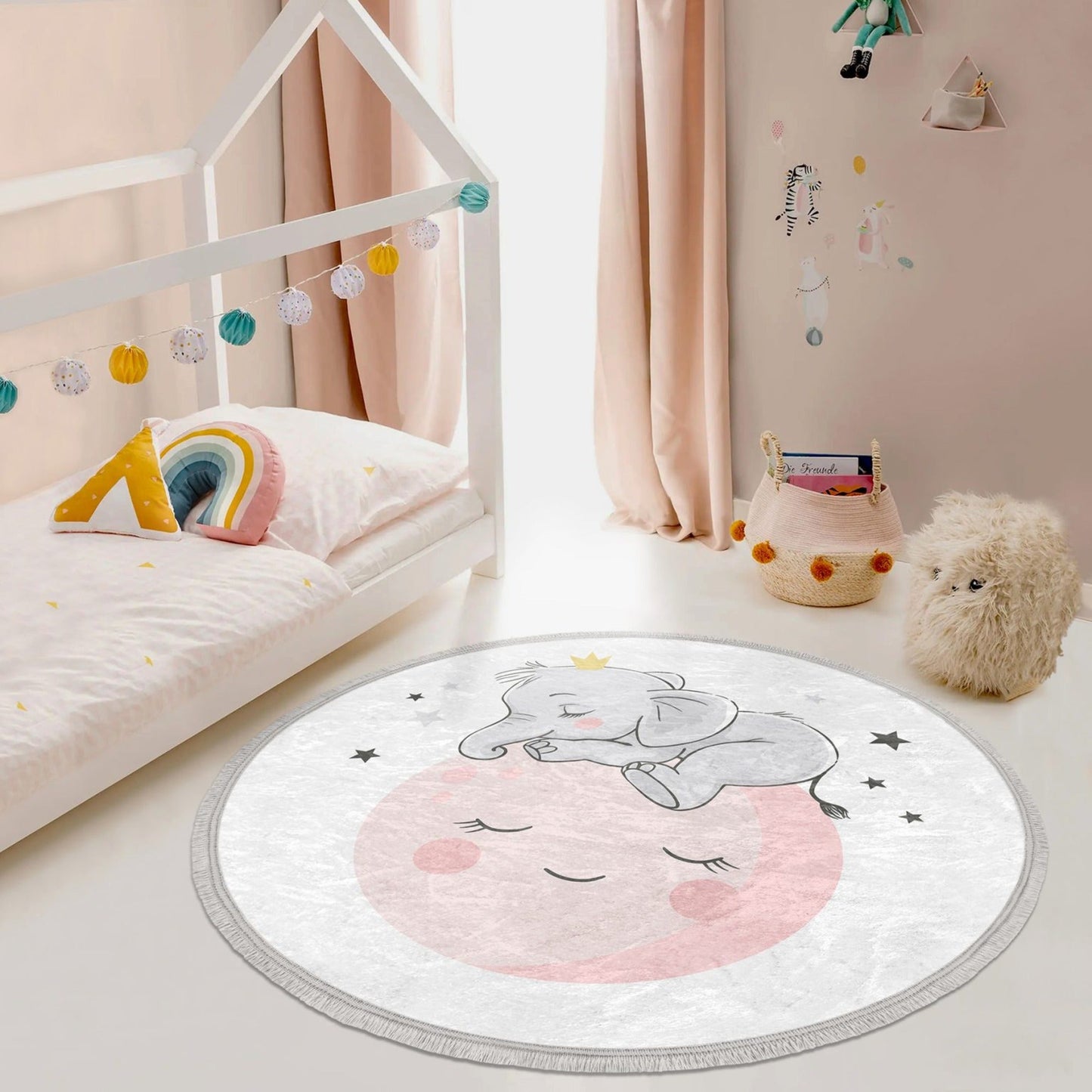 Baby Elephant With Moon Printed Kids Room Round Rug, Elephant Print