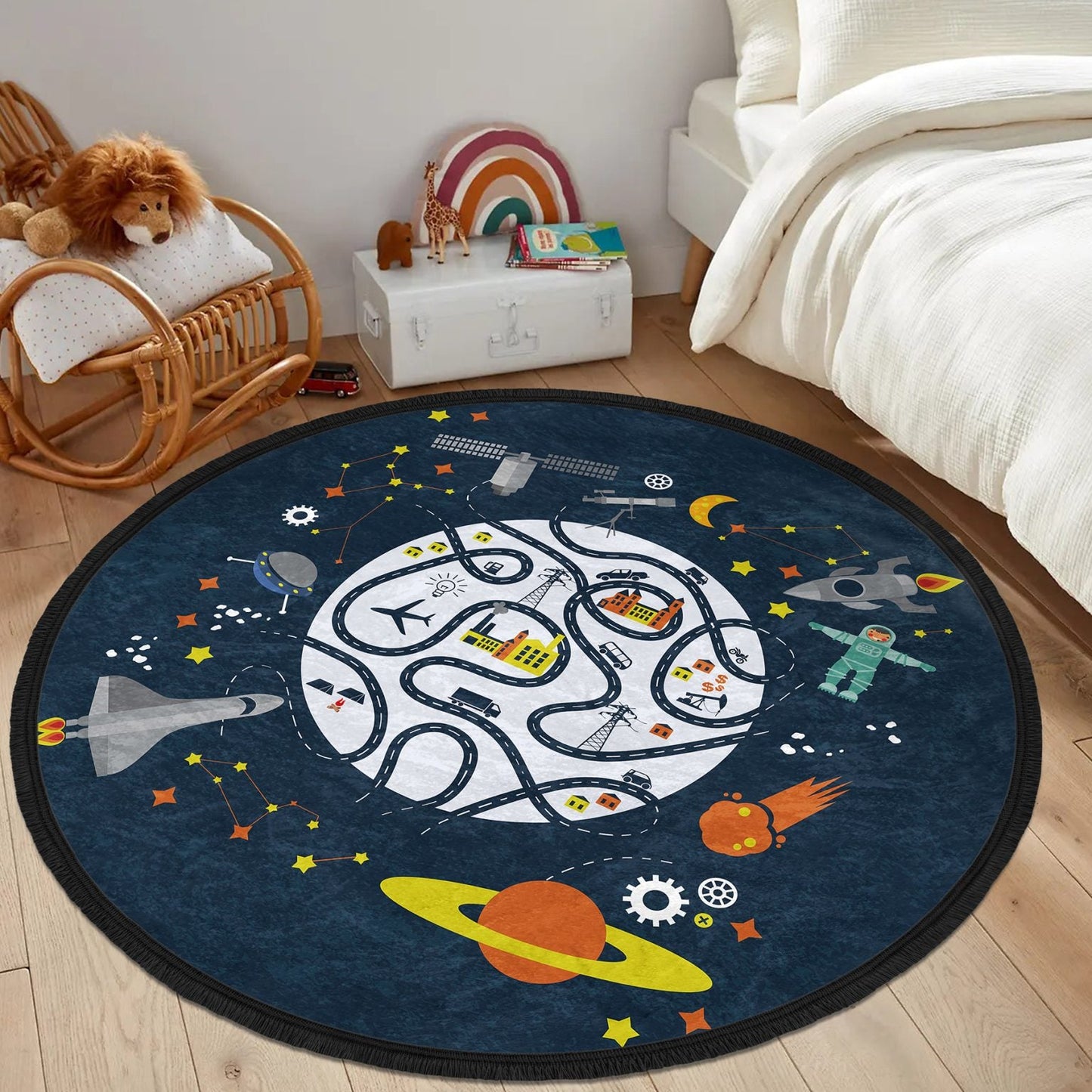 Kids Room Universe Printed Round Rug, Nursery Room Round Rug, Baby