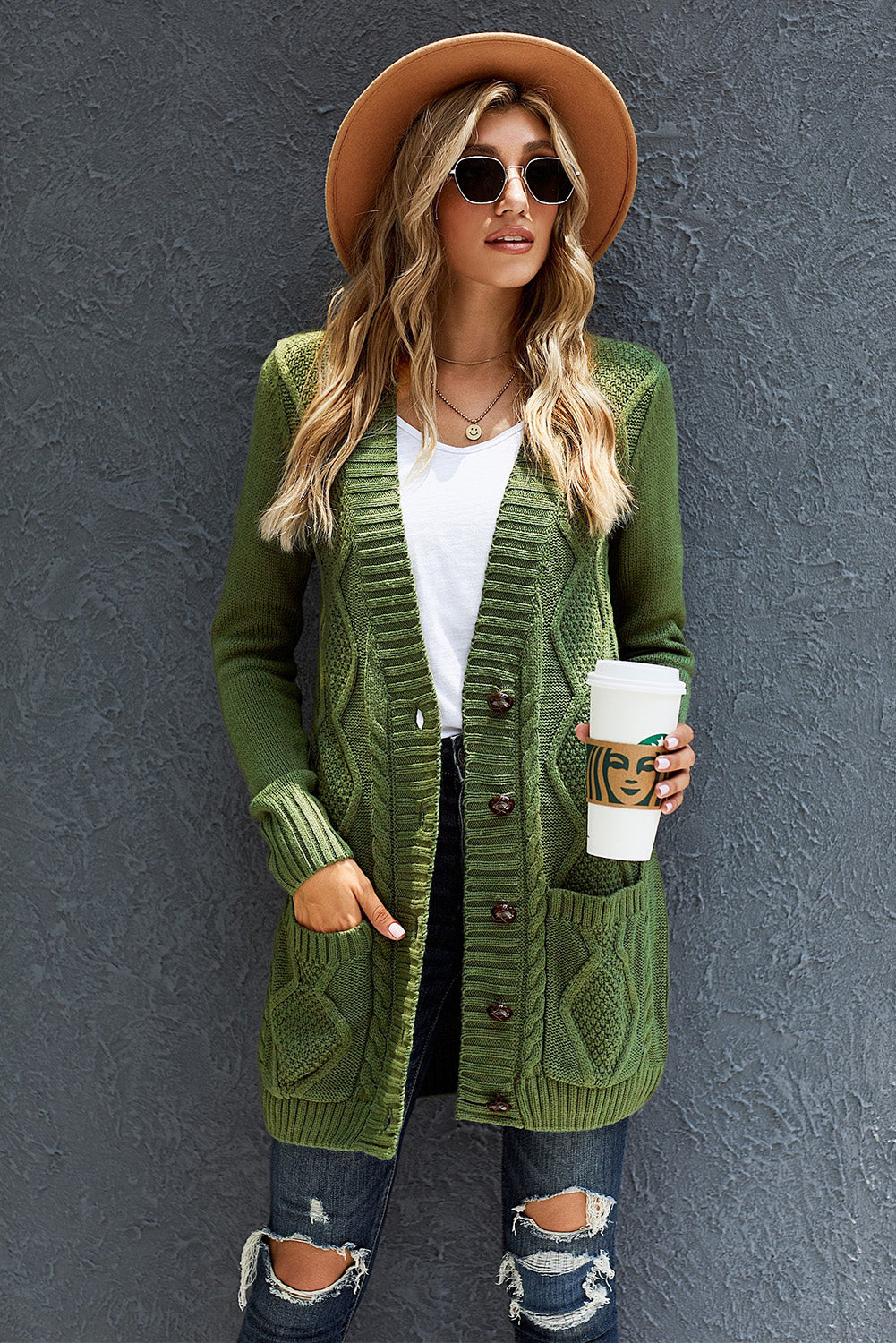 Green Front Pocket and Buttons Closure Cardigan