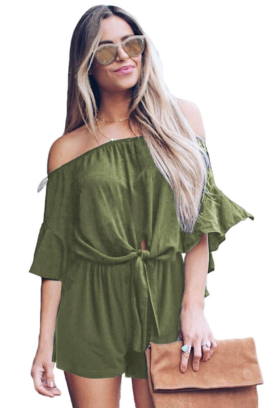 Casual Green Bell Sleeve Off Shoulder Front Tie Knot Romper