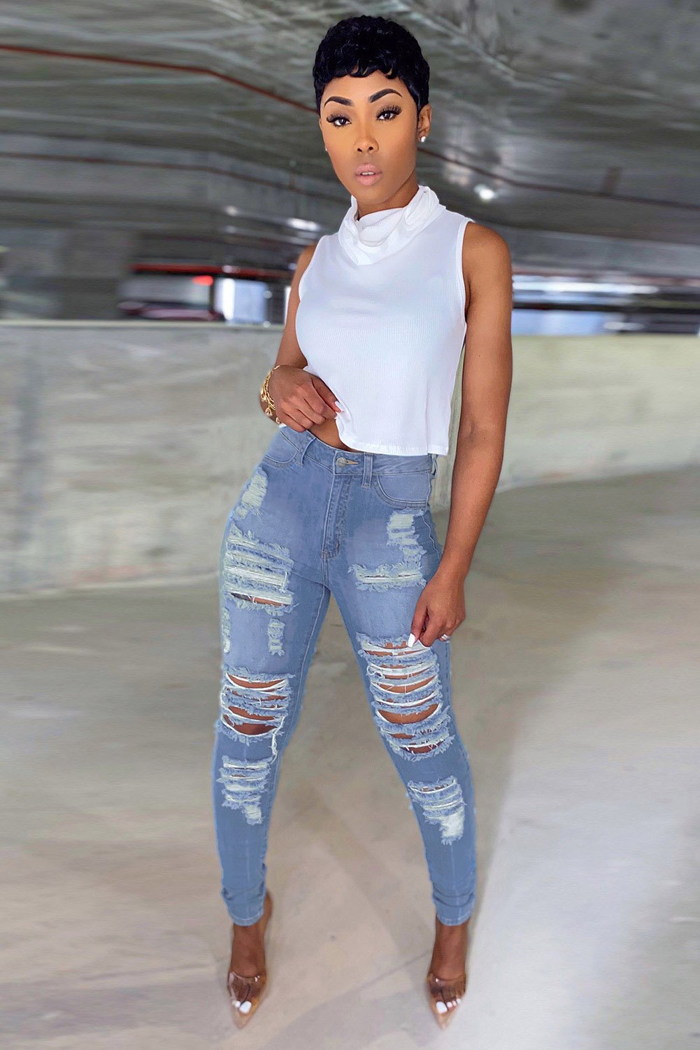 Light Blue Cut Out Distressed Ripped Pockets High Waisted Jeans