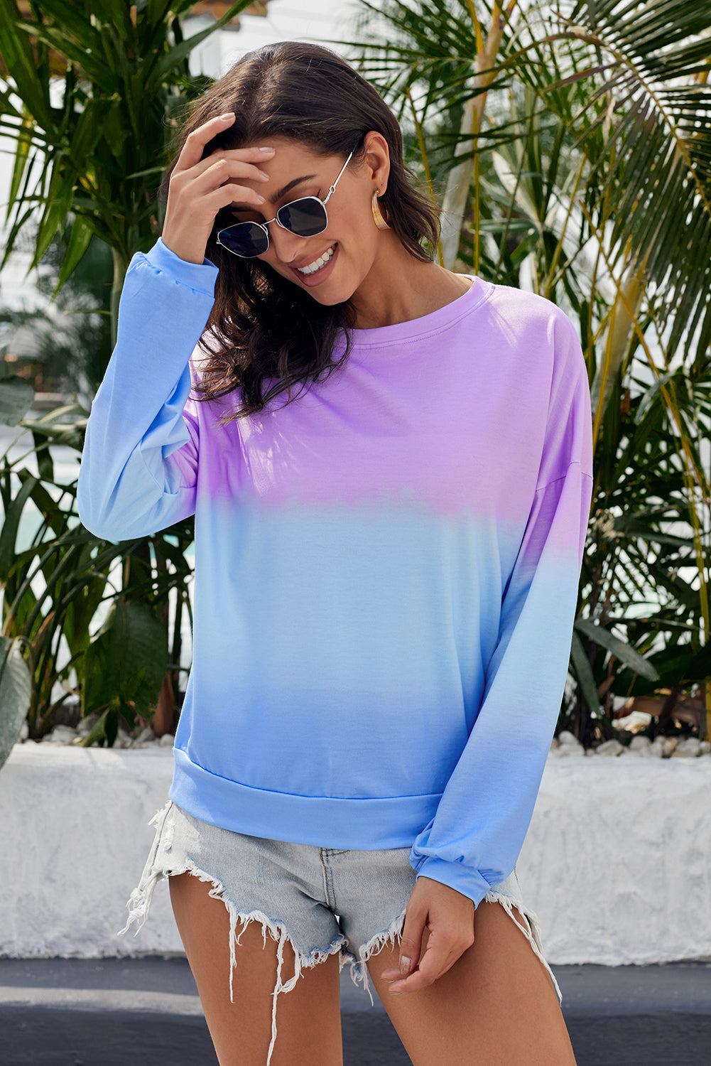 Purple Blue Color Block Tie Dye Pullover Sweatshirt