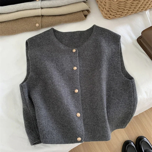 Button Down Elegant Women Knitted Cardigan Sleeveless Female Casual