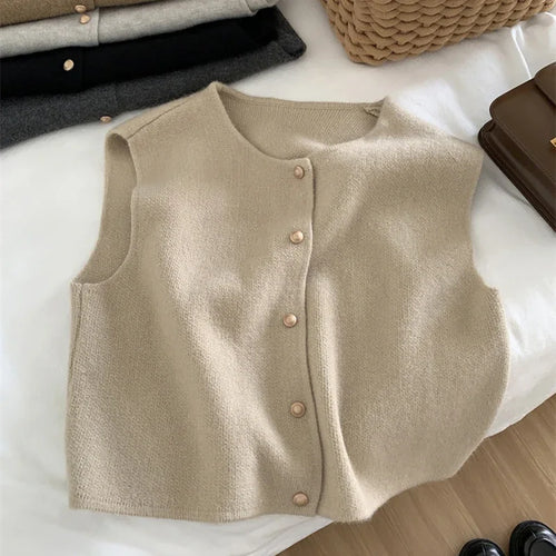 Button Down Elegant Women Knitted Cardigan Sleeveless Female Casual