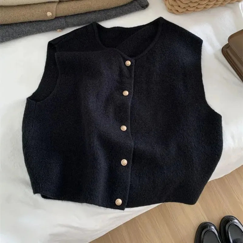 Button Down Elegant Women Knitted Cardigan Sleeveless Female Casual