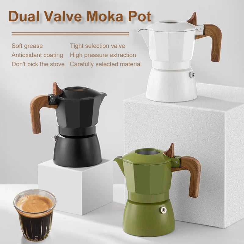 Espresso Maker Dual Valve Moka Pot Vintage Wooden Handle150ML Coffee