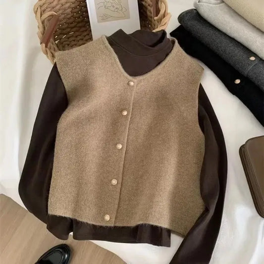 Button Down Elegant Women Knitted Cardigan Sleeveless Female Casual