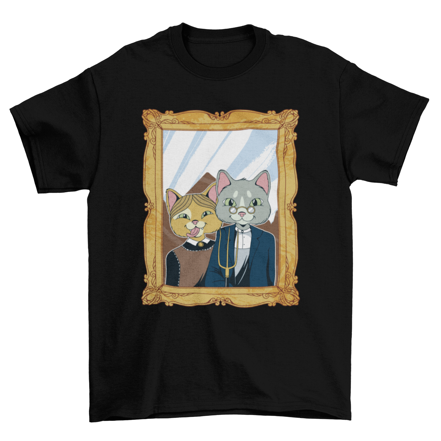 Painting of American Gothic Animal Cat Funny Parody T-shirt