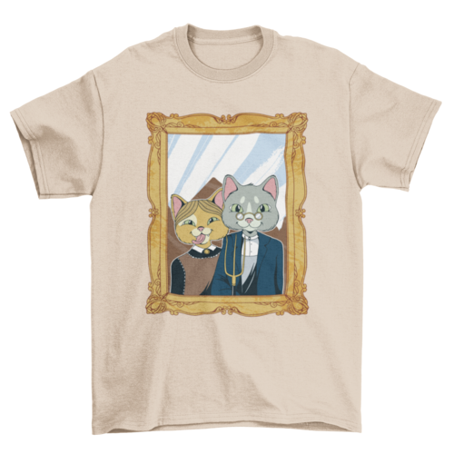 Painting of American Gothic Animal Cat Funny Parody T-shirt