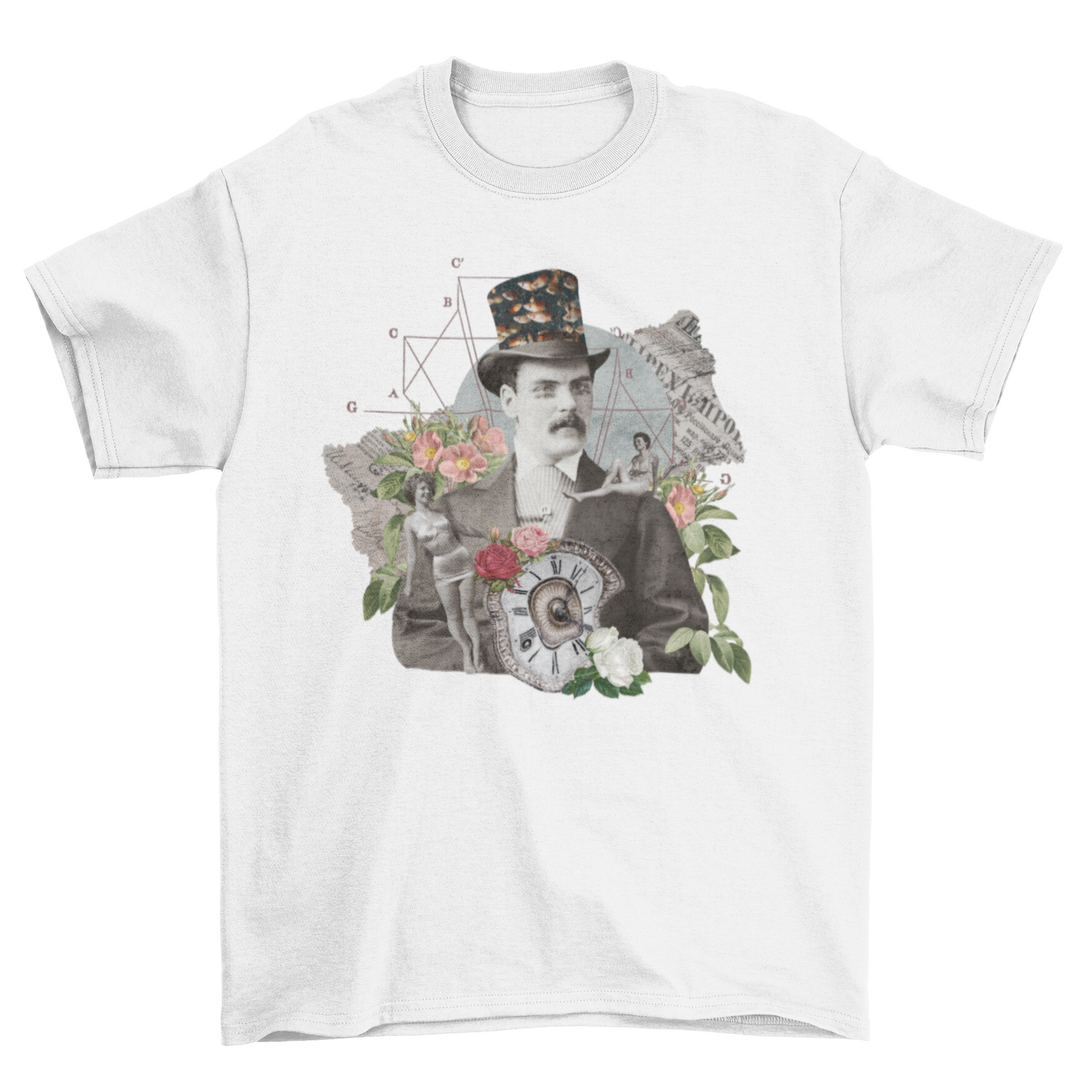 Gothic victorian vintage collage man with colorful floral t-shirt