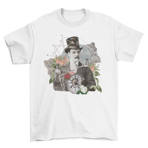 Gothic victorian vintage collage man with colorful floral t-shirt