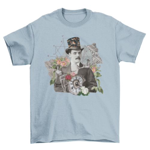 Gothic victorian vintage collage man with colorful floral t-shirt