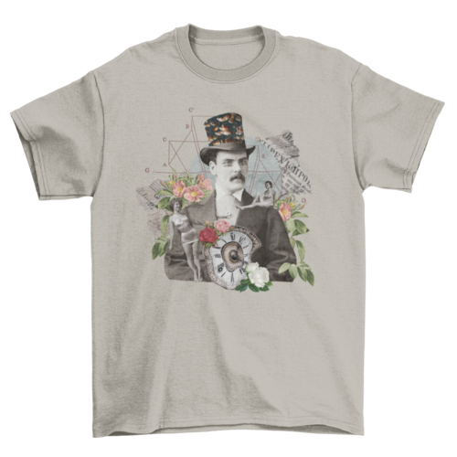 Gothic victorian vintage collage man with colorful floral t-shirt