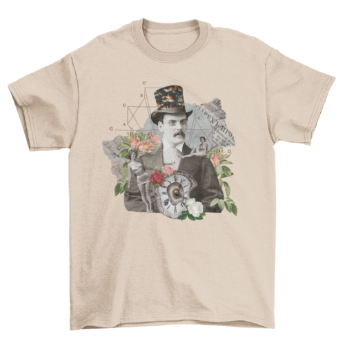 Gothic victorian vintage collage man with colorful floral t-shirt