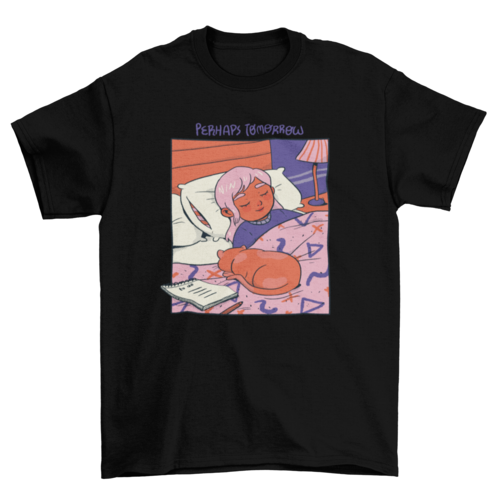 Girl and cat sleeping cozy comic t-shirt design