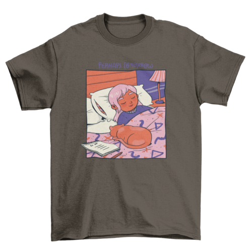 Girl and cat sleeping cozy comic t-shirt design